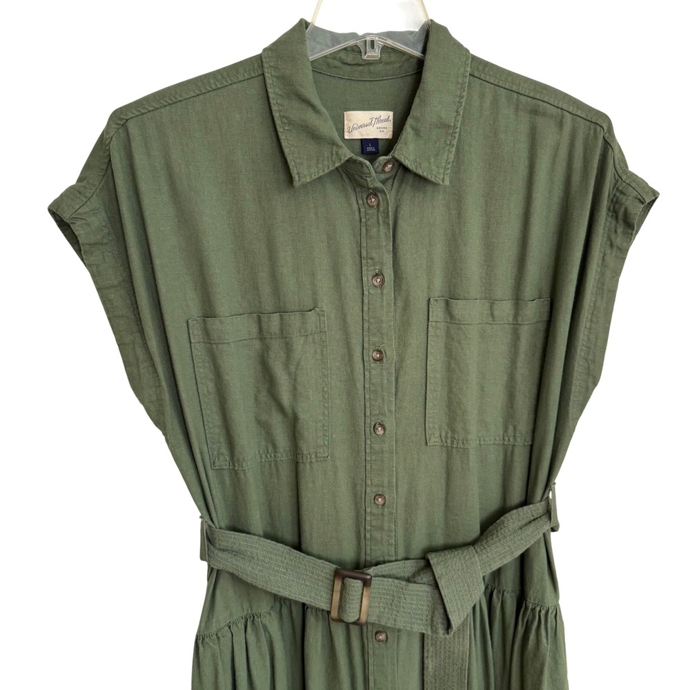 Boho Utility Midi Shirt Dress Green Linen Blend Universal Thread Belt Pockets L